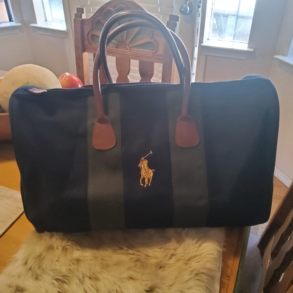 Ralph Lauren Black Duffel with Brown Leather Handles and Gold Polo Emblem